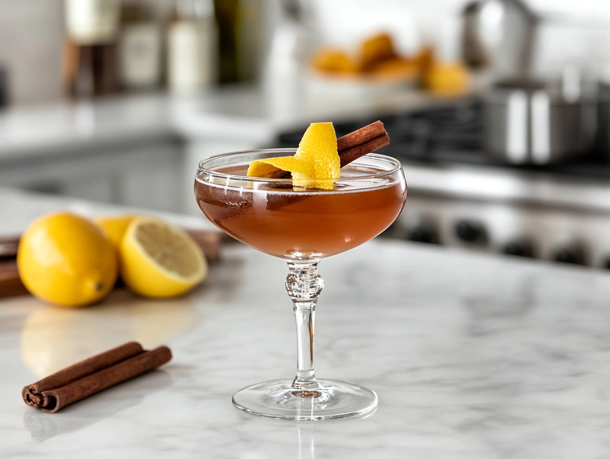 Garnishing the Spiced Cognac Cocktail with Lemon Twist and Cinnamon Stick Before Serving