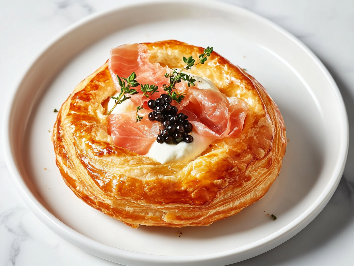 Gougères with Smoked Salmon, Caviar, and Prosciutto is ready to serve