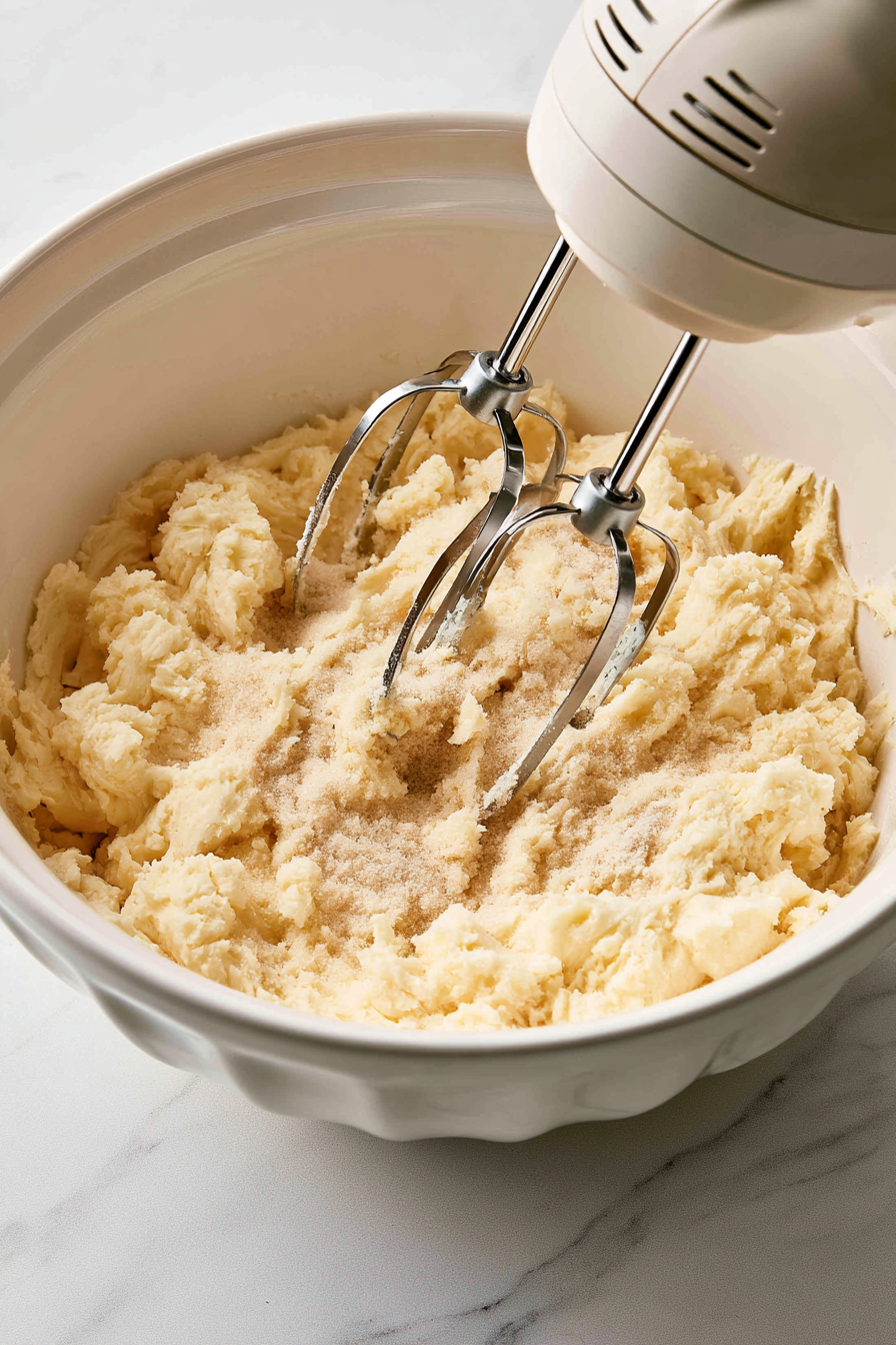 In a mixer, beat the sugar, brown sugar, and butter for 3 minutes until fluffy