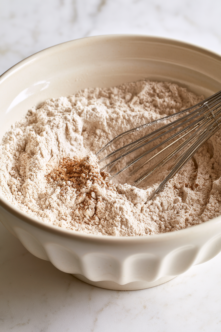 In a separate bowl, whisk together flour, baking soda, spices, salt, and baking powder