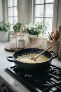 olive oil and butter melting to form a glossy base, with a wooden spoon nearby for stirring