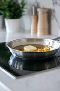 Melting butter on the preheated skillet to cook the Pumpkin French Toast slices.