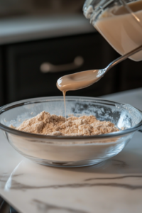 Bowl with wet ingredients poured into the dry ingredient mixture, stirred gently to create smooth pumpkin spice pancake batter without lumps.