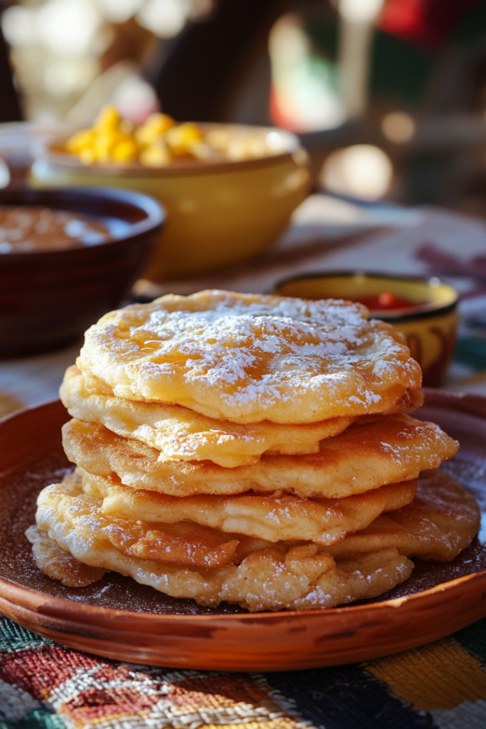 A plate of stacked Navajo Fry Bread is served plain or topped with honey, powdered sugar, or savory taco fillings. The setting is inviting, featuring rustic dishware and a cozy presentation.