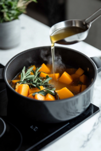 Vegetable broth being poured into the pot of seasoned butternut squash and aromatics, preparing to simmer for the butternut squash soup recipe.