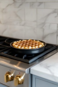 Waffle iron heating up, ready for pumpkin spice waffle batter. The iron's indicator light shows it's reaching the correct cooking temperature.