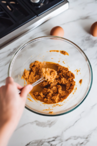 Flour, baking powder, sugar, salt, and pumpkin pie spice added to the bowl of wet ingredients for pumpkin spice waffles. A spatula gently stirs the mixture, leaving small lumps for a light, fluffy batter.