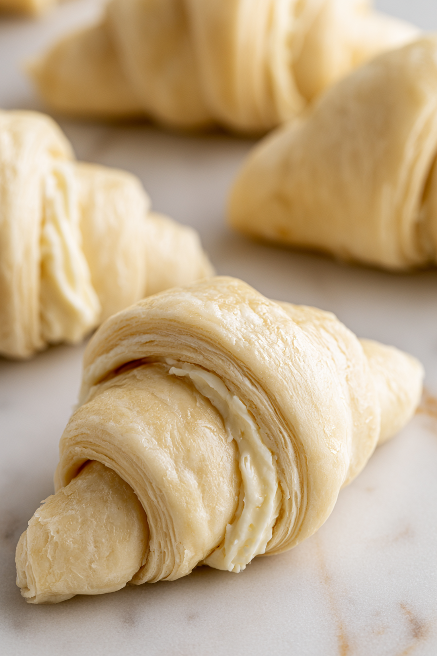 Roll the dough over the filling once, pressing to seal, then continue rolling to the pointed end