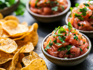 Salmon Salad Served in Bowls with Fresh Herb Garnish and Crispy Chips