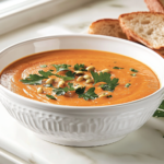 Serving Butternut Squash Soup with Garnishes and Crusty Bread