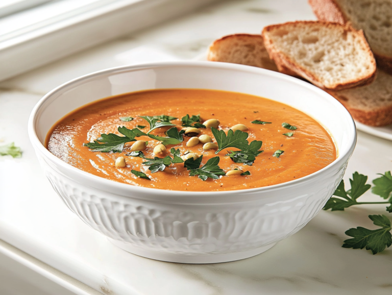 Serving Butternut Squash Soup with Garnishes and Crusty Bread