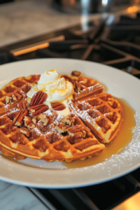 Freshly made pumpkin spice waffles on a plate with optional toppings like whipped cream, butter, maple syrup, powdered sugar, and chopped pecans, ready to be enjoyed.