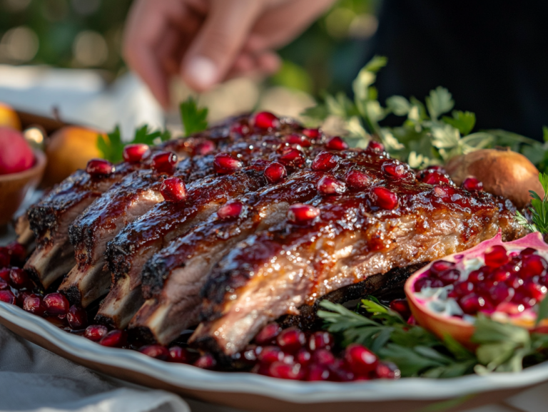 Serving glazed pork spare ribs with pomegranate arils