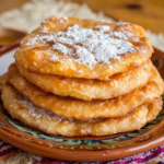 A plate of stacked Navajo Fry Bread is served plain or topped with honey, powdered sugar, or savory taco fillings. The setting is inviting, featuring rustic dishware and a cozy presentation.