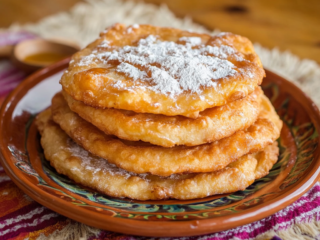 A plate of stacked Navajo Fry Bread is served plain or topped with honey, powdered sugar, or savory taco fillings. The setting is inviting, featuring rustic dishware and a cozy presentation.