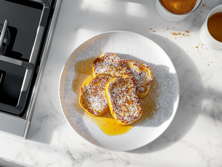 Serving the finished Pumpkin French Toast warm with syrup, powdered sugar, or cinnamon-sugar for a delicious breakfast or brunch.
