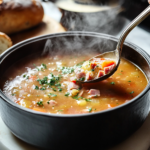 Serving the hot Ham and Vegetable Soup into bowls, showcasing the final step of preparation on a white marble cooktop, ready to enjoy