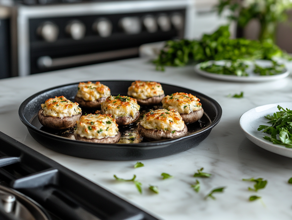 Serving warm Crab Stuffed Mushrooms