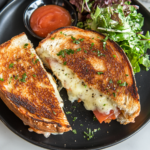 Sliced Grilled Cheese with Mushrooms, Garlic, Chili, and Oregano served on a plate