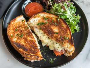 Sliced Grilled Cheese with Mushrooms, Garlic, Chili, and Oregano served on a plate