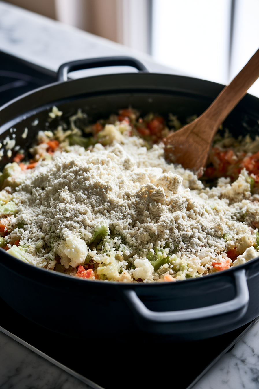 Sprinkle flour over the veggies and stir for 3 minutes to create a roux