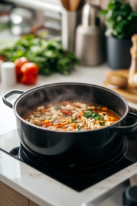 Thickened soup base simmering in black pot on marble cooktop for wild rice soup