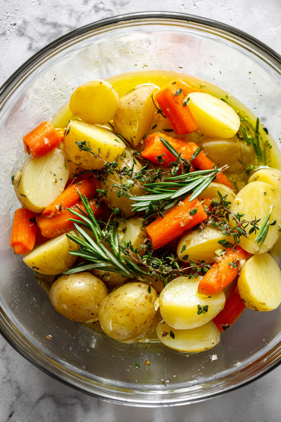 In a bowl, toss potatoes and carrots with 2 1/2 tbsp olive oil, thyme, rosemary, salt, and pepper.