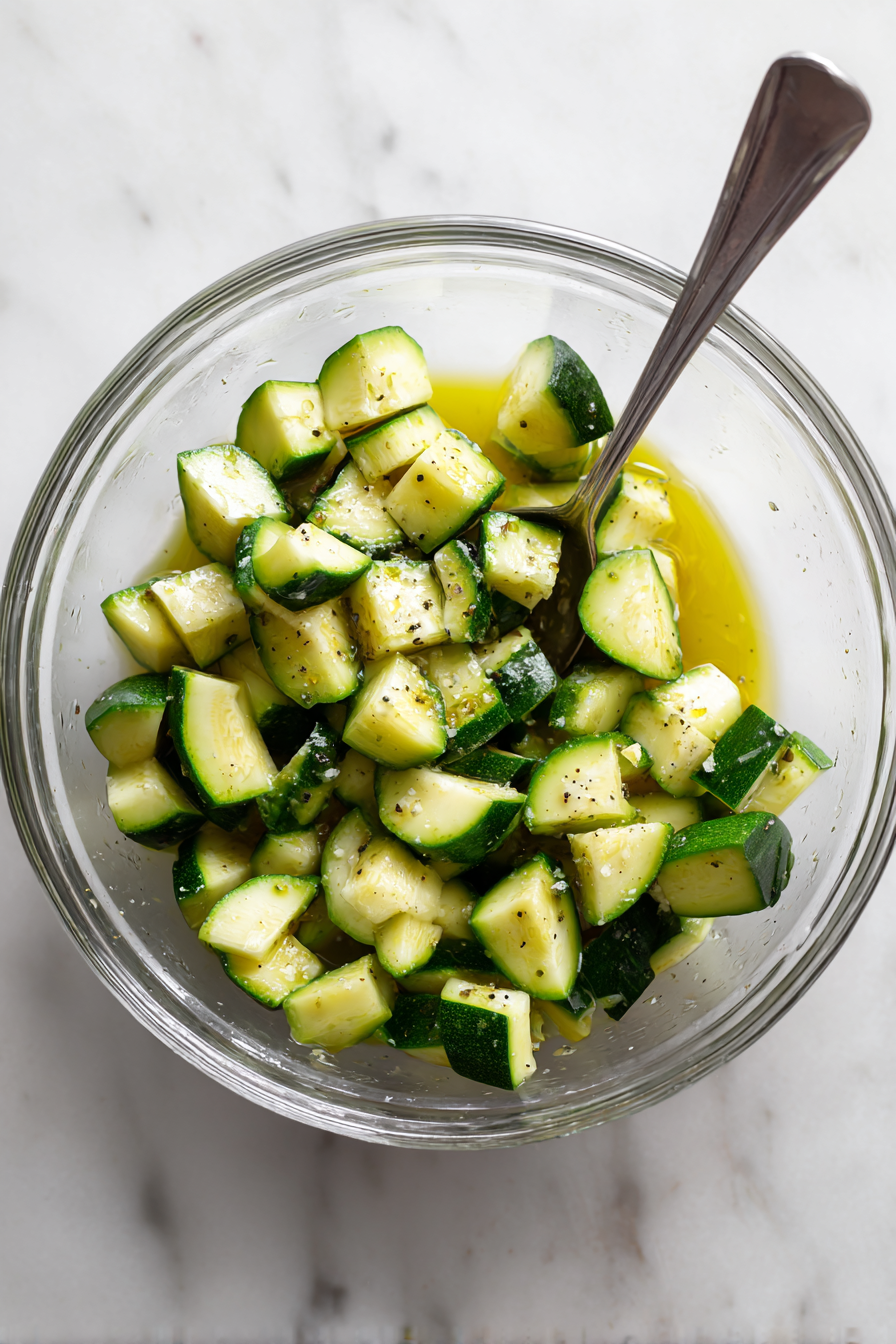 Toss zucchini with the remaining 1/2 tbsp olive oil and a pinch of salt.