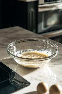 Batter being gently warmed in the microwave or left in a warm spot to keep butter from solidifying in the pumpkin spice pancake mix.