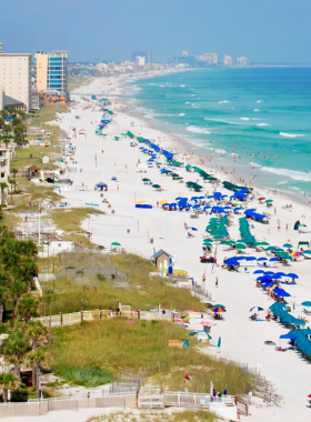  This image shows the sunny expanse of Fort Lauderdale Beach, with clear blue skies, soft sandy shores, and gentle waves, where visitors enjoy sunbathing, swimming, and vibrant beachside activities.
