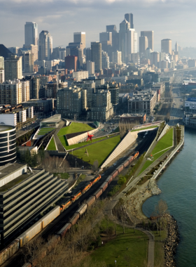  A contemporary building with angular, geometric architecture, featuring glass and concrete. The museum’s unique structure showcases modern architectural aesthetics and creative design.

