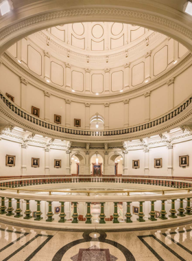 A detailed view of the Texas State Capitol, showcasing its grand architecture and dome. The building is surrounded by lush gardens, representing the state's governance and history.

