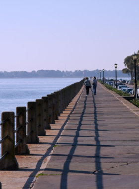 A serene walking path in Charleston, lined with trees and historic buildings. People stroll leisurely along the path, showcasing the city’s pedestrian-friendly design and inviting atmosphere for exploration.