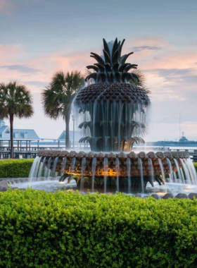  A scenic view of Waterfront Park in Charleston, featuring lush green lawns and charming pathways. Visitors can be seen relaxing on benches, enjoying the picturesque setting with fountains and views of the harbor in the background.