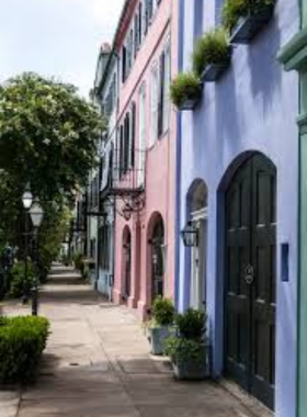 A colorful row of historic homes known as Rainbow Row, featuring pastel hues that create a cheerful atmosphere. The charming architecture reflects Charleston’s rich history and architectural diversity, inviting visitors to explore the area.