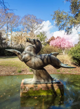  A beautiful bronze sea horse sculpture at Brookgreen Gardens, set against a backdrop of lush greenery. The sculpture adds to the serene and artistic atmosphere of the garden and wildlife sanctuary.