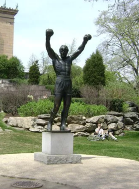  The famous Rocky Statue in Philadelphia, located outside the Philadelphia Museum of Art. The statue celebrates the iconic movie character, with visitors often taking photos while mimicking his triumphant pose.