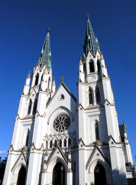 "The Cathedral Basilica of St. John the Baptist in Savannah, known for its Gothic architecture, stained glass windows, and peaceful atmosphere."