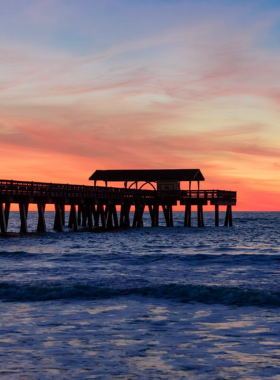 "Tybee Island beach near Savannah, known for its sandy shores, iconic lighthouse, and family-friendly beach activities."