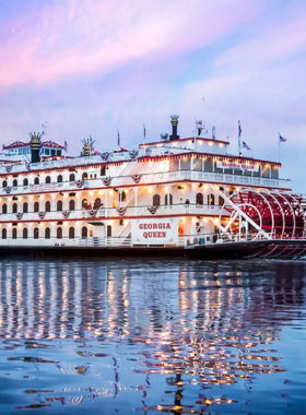 "A Savannah riverboat cruise offering scenic views of the Savannah River with onboard dining and live entertainment options."