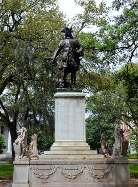  "Chippewa Square in Savannah, a historic park known for its statue of James Oglethorpe and the bench from Forrest Gump."