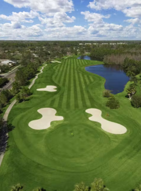 A golfer taking a swing at the TPC Tampa Bay golf course, with beautifully manicured fairways and a scenic backdrop of lush greenery and blue skies.