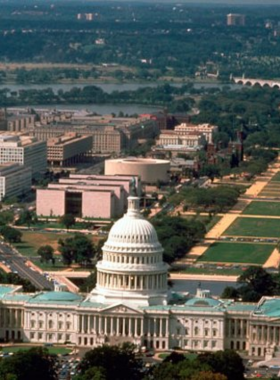 This image shows the National Mall in Washington, D.C., featuring expansive lawns and historic monuments that symbolize American democracy.