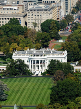 This image shows a view of the White House from Lafayette Square, illustrating its neoclassical architecture and historical importance.