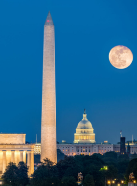 This image shows Washington, D.C.’s monuments illuminated at night, offering a unique nighttime perspective on these historic sites.
