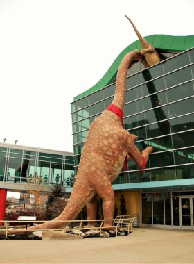 This image shows the dinosaur exhibit at The Children’s Museum, with children and adults exploring the interactive displays."