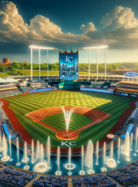 This image shows the view of Kauffman Stadium during a Kansas City Royals baseball game, with the iconic fountain in the background as fans cheer in the stands."