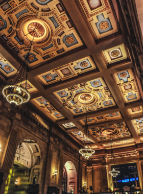  "This image shows the historic interior of Union Station in Kansas City, featuring the grand hall with its vaulted ceilings and intricate architectural details."