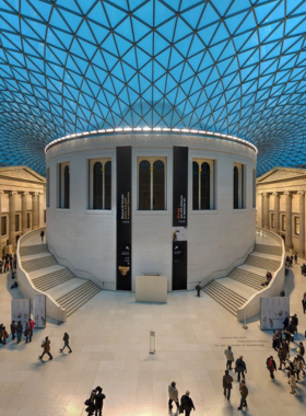 This image shows the British Museum’s grand entrance, famous for its vast historical artifacts collection.