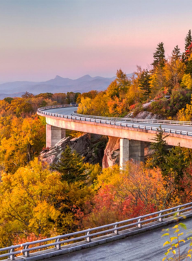 "This image shows a breathtaking view from the Blue Ridge Parkway, with rolling mountains, dense forests, and a clear blue sky."